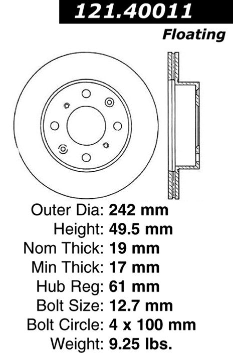 Centric Parts Disc Brake Rotor C-Tek Standard with Non-Directional Finishes for 1989-1994 Honda Accord 1990-1985 Prelude 121.40011