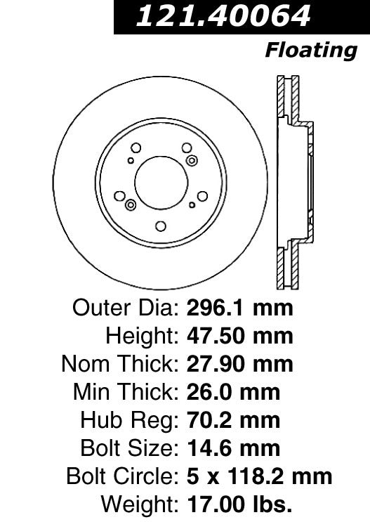 Centric Parts Disc Brake Rotor Standard with Non-Directional Finishes for 2005-2010 Honda Odyssey 121.40064