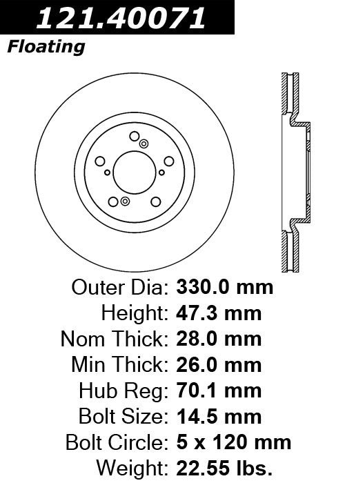 Centric Parts Disc Brake Rotor Standard with Non-Directional Finishes for 2007-2013 Acura MDX, 2010-2013 ZDX, 2009-2015 Honda Pilot, 2020-2014 RLX 121.40071