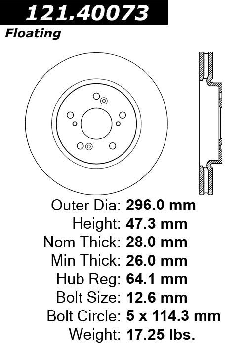 Centric Parts Disc Brake Rotor Standard with Non-Directional Finishes for 2007-2016 Acura RDX Honda Accord Crosstour CR-V 121.40073