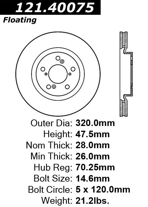 Centric Parts Disc Brake Rotor Standard with Non-Directional Finishes for 2009-2014 Acura TL 2011-2014 Honda Odyssey 121.40075