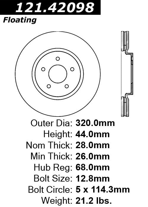 Centric Parts Disc Brake Rotor Standard with Non-Directional Finishes for 2014-2017 Nissan Juke, 2007-2012 Sentra, 2009-2016 Renault Koleos 121.42098