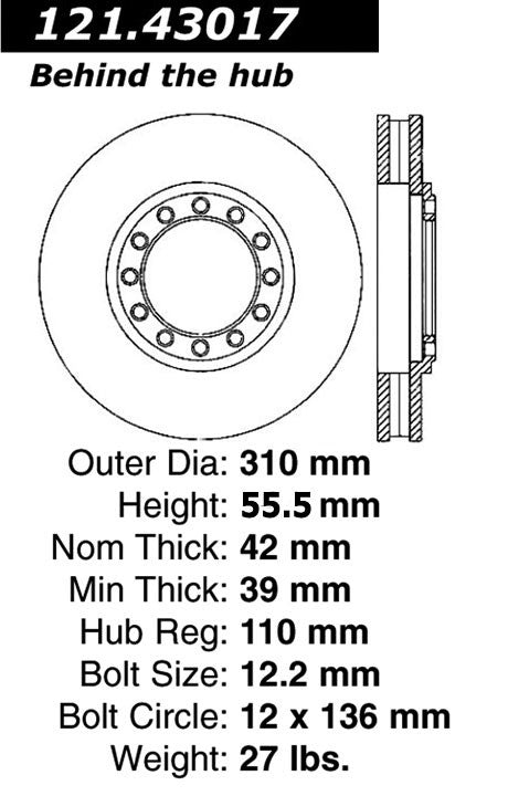 Centric Parts Disc Brake Rotor C-Tek Standard with Non-Directional Finishes for 1997-1999 Chevrolet W4500 Tiltmaster, GMC W4500 Forward, Isuzu NPR-HD 1999, NQR 1998 121.43017