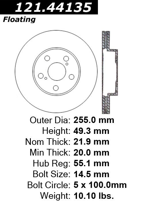 Centric Parts Disc Brake Rotor Standard with Non-Directional Finishes for 2004-2009 Toyota Prius 121.44135