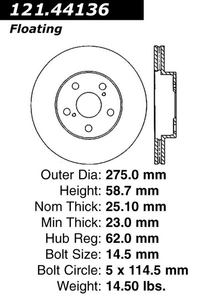 Centric Parts Disc Brake Rotor Standard with Non-Directional Finishes for 2005-2015 Toyota Tacoma 121.44136