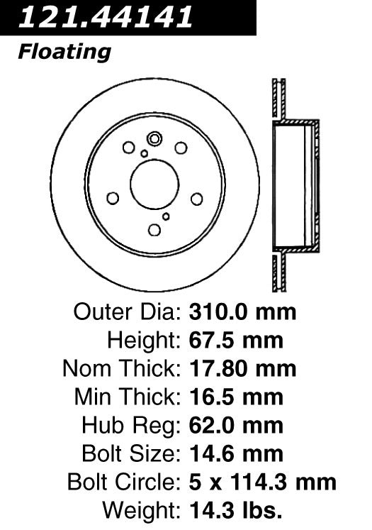 Centric Parts Disc Brake Rotor Standard with Non-Directional Finishes for 2006-2011 Lexus GS300/GS350/GS430/GS450h/GS460 IS250/IS350 121.44141