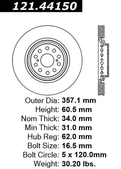 Centric Parts Disc Brake Rotor Standard with Non-Directional Finishes for 2007-2017 Lexus LS460, 2008-2016 LS600h, 2018-2022 LS500/LS500h 121.44150