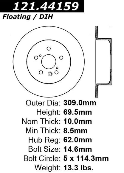 Centric Parts Disc Brake Rotor Standard with Non-Directional Finishes for 2008-2013 Toyota Highlander 121.44159
