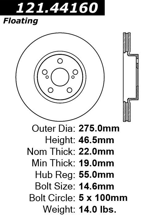 Centric Parts Disc Brake Rotor Standard Non-Directional Finishes for 2009-2010 Pontiac Vibe, 2008-2014 Scion xD, 2009-2019 Toyota Corolla, 2009-2014 Matrix 121.44160