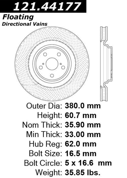 Centric Parts Disc Brake Rotor Standard with Non-Directional Finishes for 2010-2017 Lexus LS460 121.44177