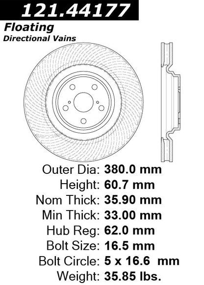 Centric Parts Disc Brake Rotor Standard with Non-Directional Finishes for 2010-2017 Lexus LS460 121.44177