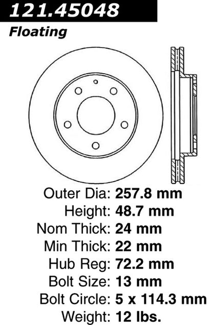 Centric Parts Disc Brake Rotor C-Tek Standard with Non-Directional Finishes for Ford Probe 1993-1997, Mazda 626 1993-2002, MX-6 1993-1997, Protege 2001-2003, Protege5 2002-2003 121.45048