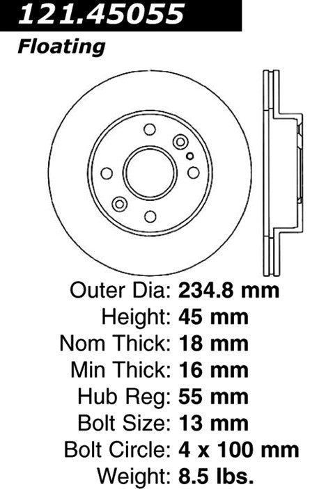 Centric Parts Disc Brake Rotor Standard with Non-Directional Finishes for 1994-1997 Ford Aspire 121.45055