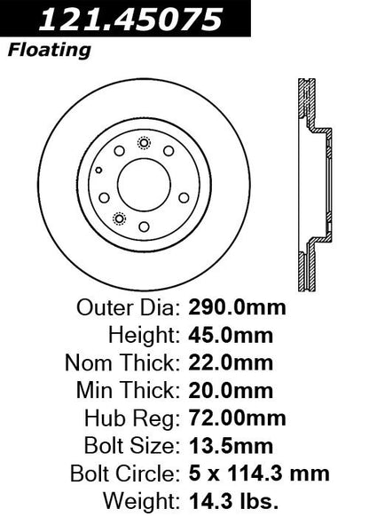 Centric Parts Disc Brake Rotor Standard with Non-Directional Finishes for 2010-2015 Mazda MX-5 Miata 121.45075