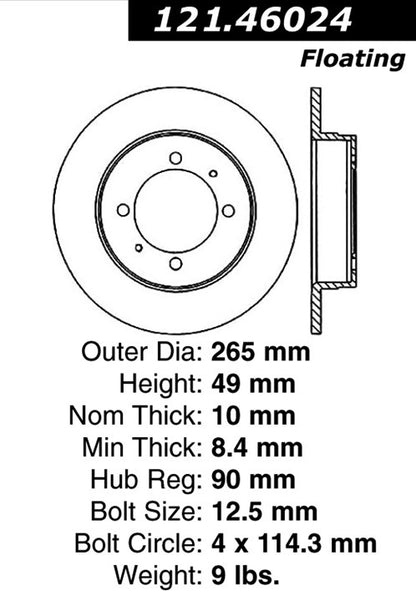 Centric Parts Disc Brake Rotor Standard C-Tek for 1990-2009 Dodge GTX, Colt, Eagle, Summit, Mitsubishi Galant, Mirage, Plymouth Colt 121.46024