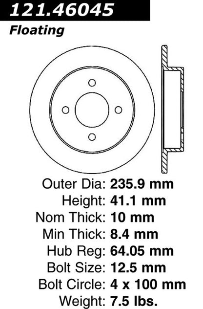 Centric Parts Disc Brake Rotor Standard with Non-Directional Finishes for 1993-1996 Dodge Colt Eagle Summit Mitsubishi Mirage Plymouth Colt 121.46045