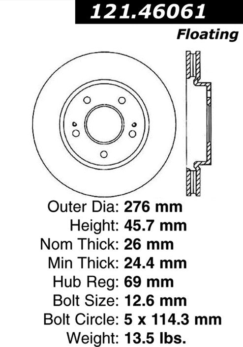 Centric Parts Disc Brake Rotor C-Tek Standard Non-Directional Finishes for 2005-2001 Chrysler Sebring Dodge Stratus Mitsubishi Eclipse Galant Lancer Outlander 121.46061