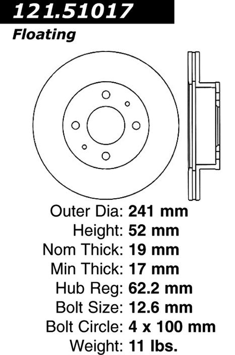 Centric Parts Disc Brake Rotor Standard with Non-Directional Finishes for 2004-2006 Dodge Verna 2003-2005 Hyundai Accent 121.51017