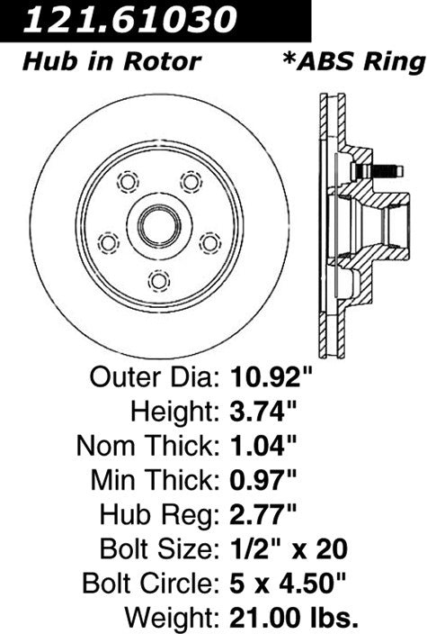 Centric Parts Disc Brake Rotor and Hub Assembly Standard Brake Rotor with Non-Directional Finishes for 1987-1992 Lincoln Continental Mark VII 121.61030