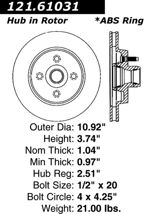 Centric Parts Disc Brake Rotor Standard with Non-Directional Finishes for 1987-1988 Ford Thunderbird 121.61031