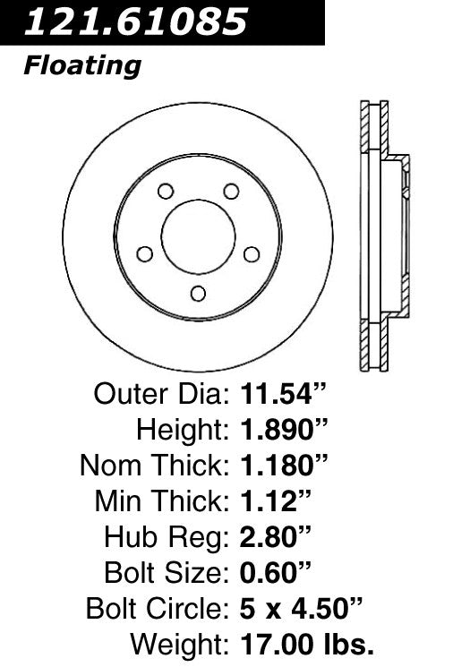 Centric Parts Disc Brake Rotor Standard with Non-Directional Finishes for 2005-2010 Ford Mustang 121.61085