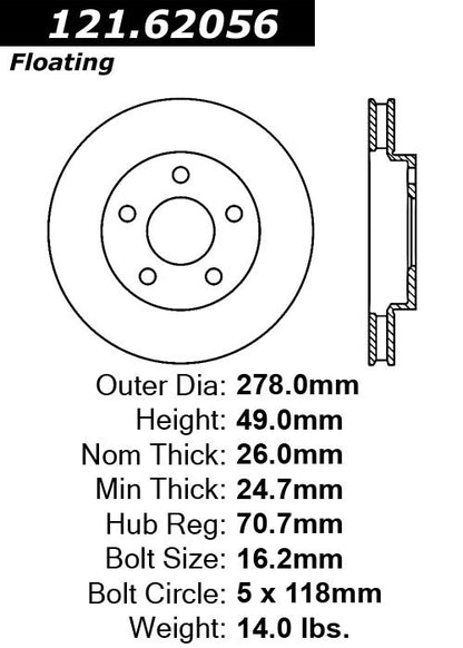 Centric Parts Disc Brake Rotor Standard C‑Tek for 2005-2004 Chevrolet Classic, 2003-1997 Malibu, 2004-1999 Oldsmobile Alero, 1999-1997 Cutlass, 2005-1999 Pontiac Grand Am 121.62056