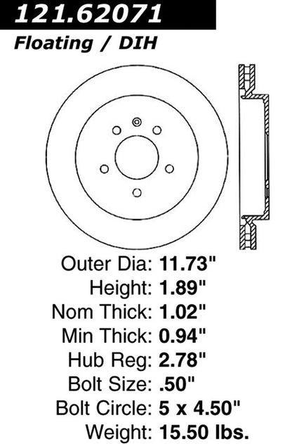 Centric Parts Disc Brake Rotor Standard with Non-Directional Finishes for 2003-2007 Cadillac CTS 2011-2005 STS 121.62071