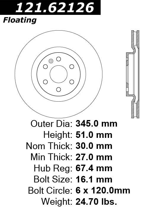 Centric Parts Disc Brake Rotor Standard with Non-Directional Finishes for 2010-2016 Cadillac SRX, 2011 Saab 9-4X 121.62126