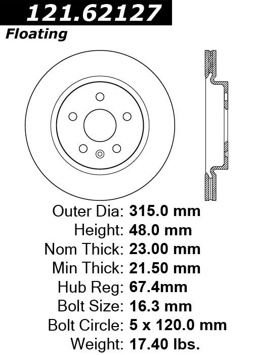 Centric Parts Disc Brake Rotor C-Tek Standard Non-Directional Finishes for 2010-2023 Buick Allure LaCrosse Regal Cadillac CT5 CT6 XTS Chevrolet Camaro Impala Malibu Saab 9-5