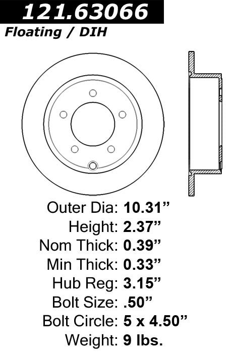 Centric Parts Disc Brake Rotor Standard with C-Tek for 2007-2014 Chrysler Sebring Dodge Avenger Caliber Jeep Compass Liberty Patriot Mitsubishi Lancer 121.63066