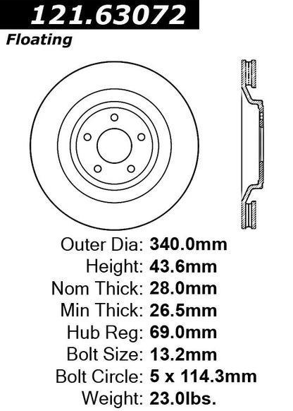 Centric Parts Disc Brake Rotor Standard with Non-Directional Finishes for 2013-2014 Chrysler 200 Dodge Avenger 2013-2014 Caliber 2008-2009 121.63072