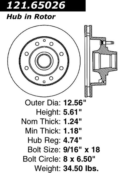 Centric Parts Disc Brake Rotor and Hub Assembly Standard with Non-Directional Finishes for 1986-1991 Ford E-250 Econoline, E-350 Econoline, F-250 and F-350 121.65026