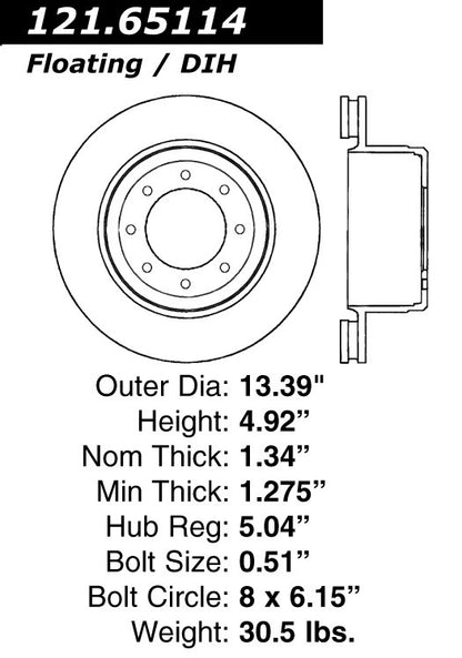 Centric Parts Disc Brake Rotor Standard with Non-Directional Finishes for 2005-2012 Ford F-350 Super Duty, 2010-2012 Ford F-450 Super Duty 121.65114