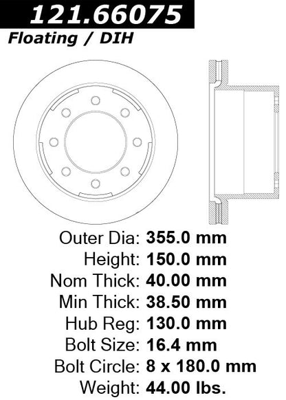 Centric Parts Disc Brake Rotor Standard with Non-Directional Finishes for 2008-2019 Chevrolet Silverado 3500 GMC Sierra 3500 HD 121.66075