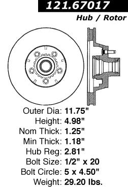 Centric Parts Disc Brake Rotor Standard for 1974-1984 Chrysler Imperial Newport New Yorker Town & Country Dodge B150 B250 D100 D150 Monaco Ramcharger 121.67017