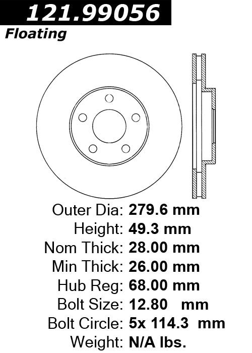 Centric Parts Disc Brake Rotor Standard with Non-Directional Finishes for 2002-2007 Nissan X-Trail, Peugeot 2008 2016 121.99056