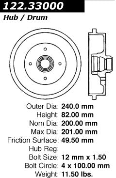 Centric Parts Premium Brake Drum for 1987-1980 Audi 4000 122.33000