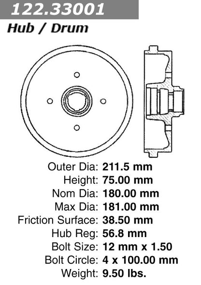 Centric Parts Premium Brake Drum 122.33001
