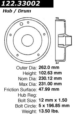 Stoptech Centric 58-64 Volkswagen Beetle / Karmann Ghia Premium Front Brake Drum 122.33002