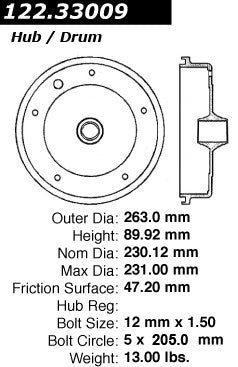 Centric Parts Premium Brake Drum for 1964-1967 Volkswagen Beetle, 1965-1972 Karmann Ghia, 1973-1974 Thing 122.33009