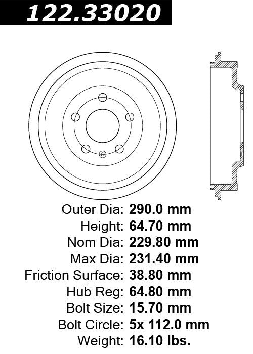 Centric Parts Brake Drum Premium for 2011-2012 Volkswagen Jetta 122.33020
