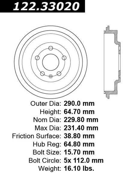 Centric Parts Brake Drum Premium for 2011-2012 Volkswagen Jetta 122.33020