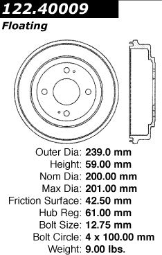 Centric Parts Premium Brake Drum for 2000-1997 Acura EL 1989-!@#$%^&*() Honda Accord 2000-1992 Civic 122.40009