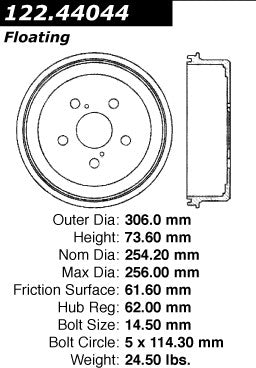 Stoptech Centric 04-17 Toyota Tacoma/Hiace Premium Rear Brake Drum 122.44044