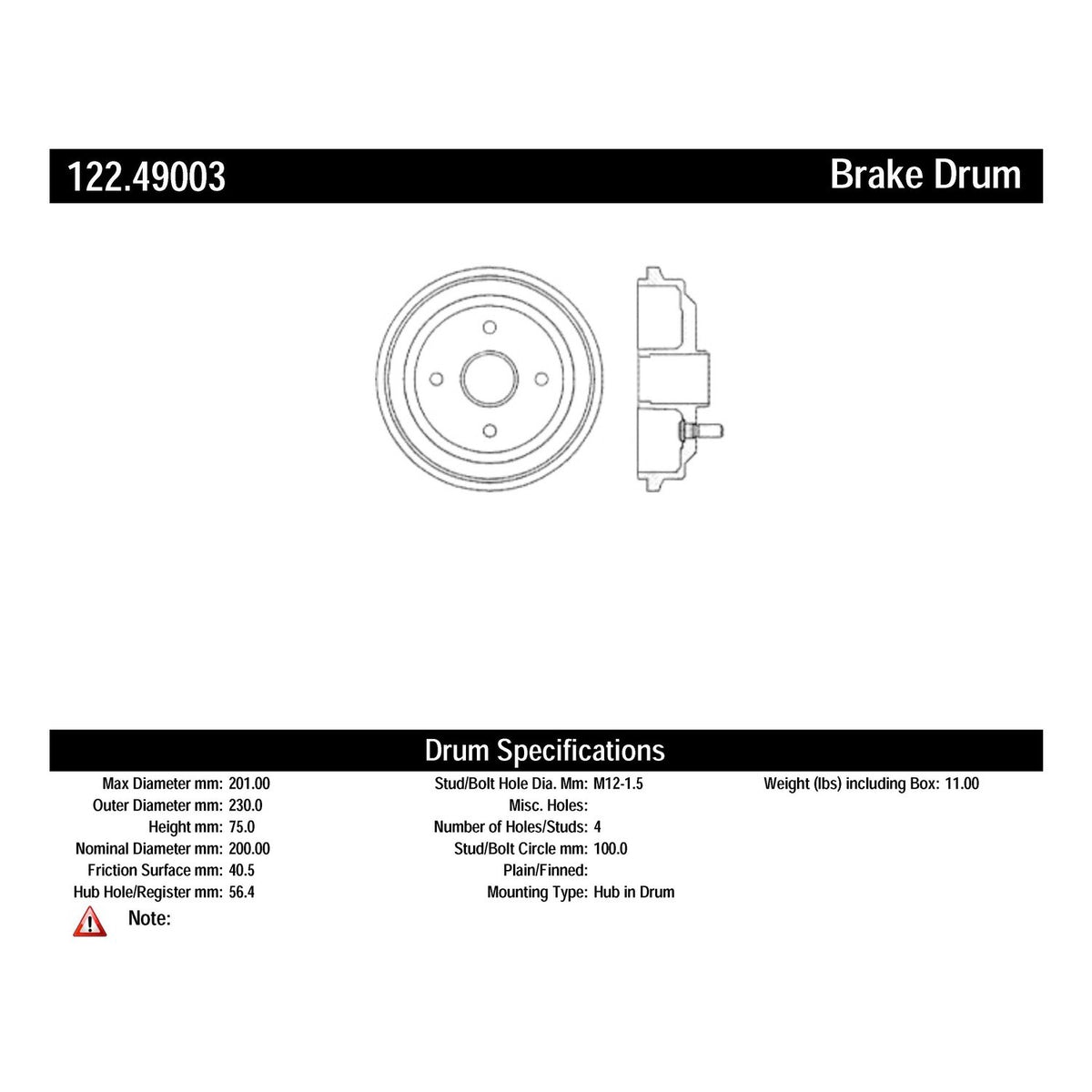 Centric Parts Premium Brake Drum 122.49003