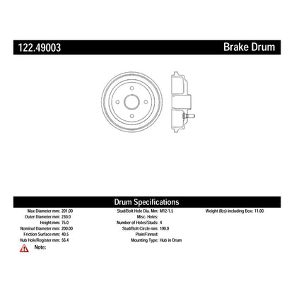 Centric Parts Premium Brake Drum 122.49003