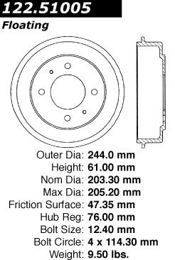 Centric Parts Premium Brake Drum with Electrocoating Finish 122.51005
