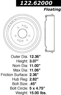Centric Parts Brake Drum Premium with Electrocoating Finish 122.62000