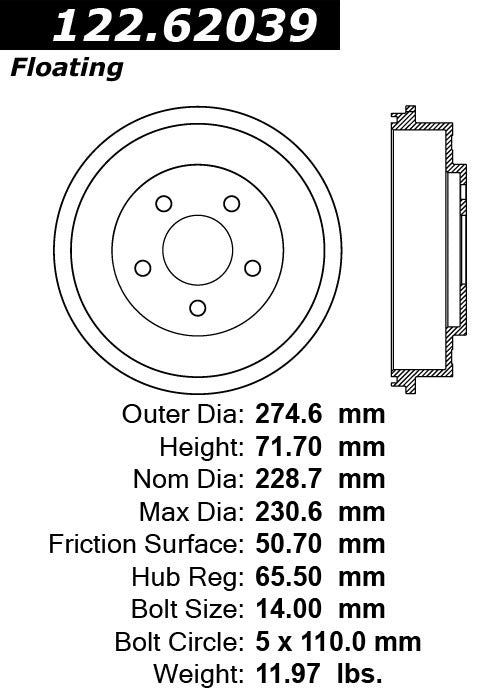 Centric Parts Premium Brake Drum with Electrocoating Finish 122.62039