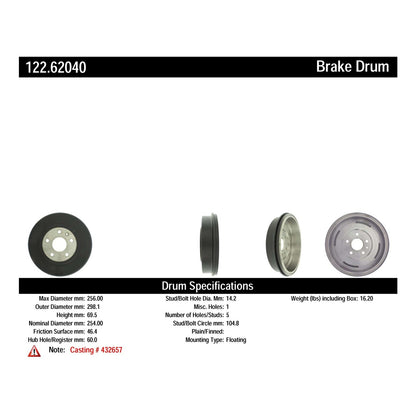 Stoptech Centric Premium Brake Drum - Rear 122.62040